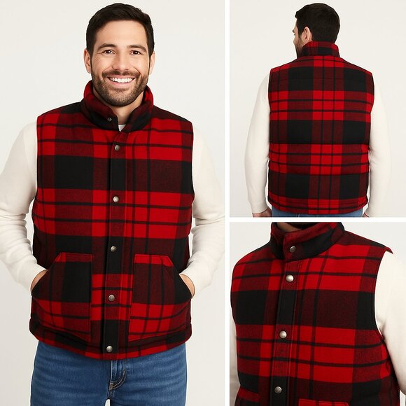 Old Navy Puffer Vest Mens Large Wool Blend Heavyweight Red Black Buffalo Plaid - Picture 1 of 7